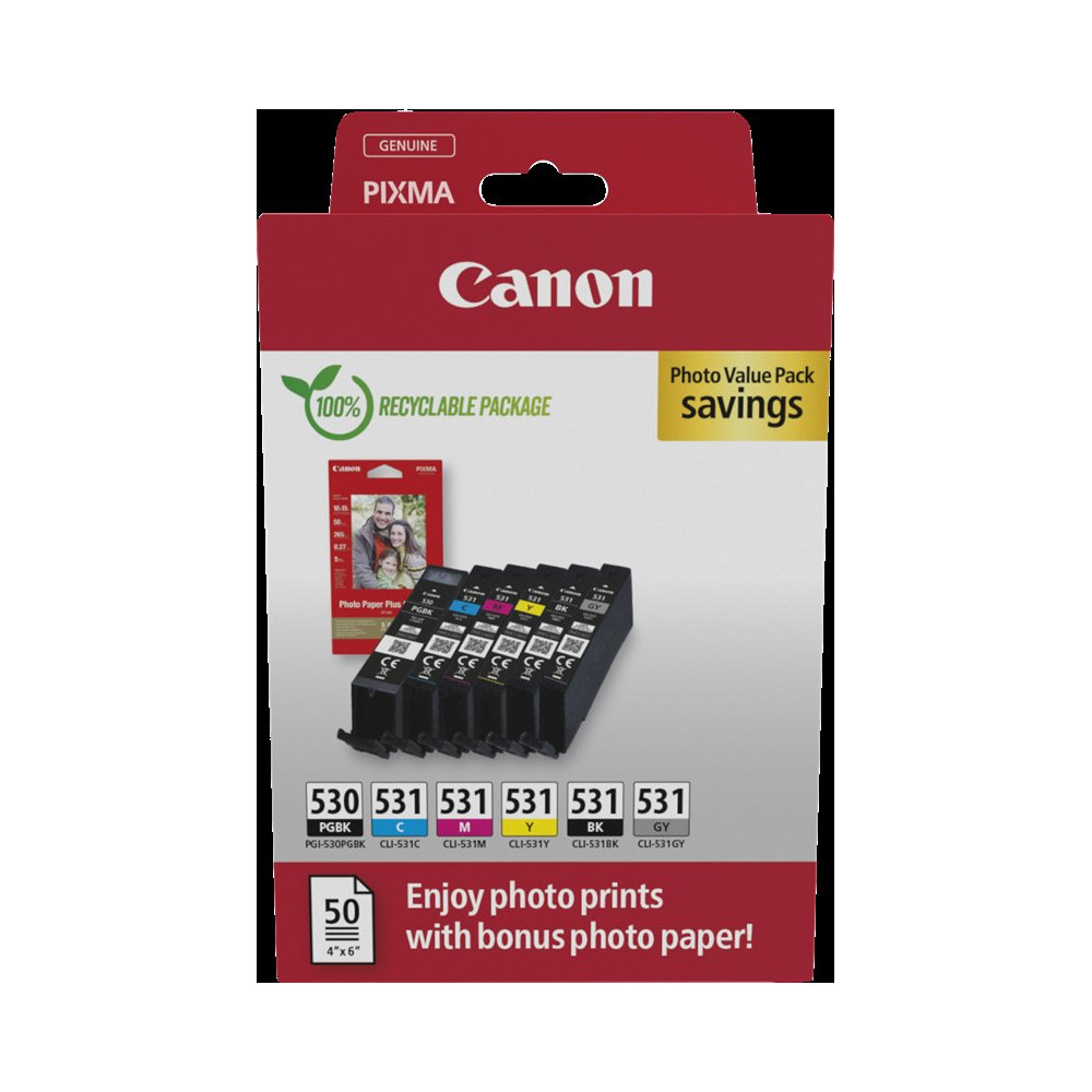 Canon PGI-530+CLI-531 nero / ciano / magenta / giallo / Grigio Value Pack (+ 10x15 cm Fotopapier 50 Blatt)