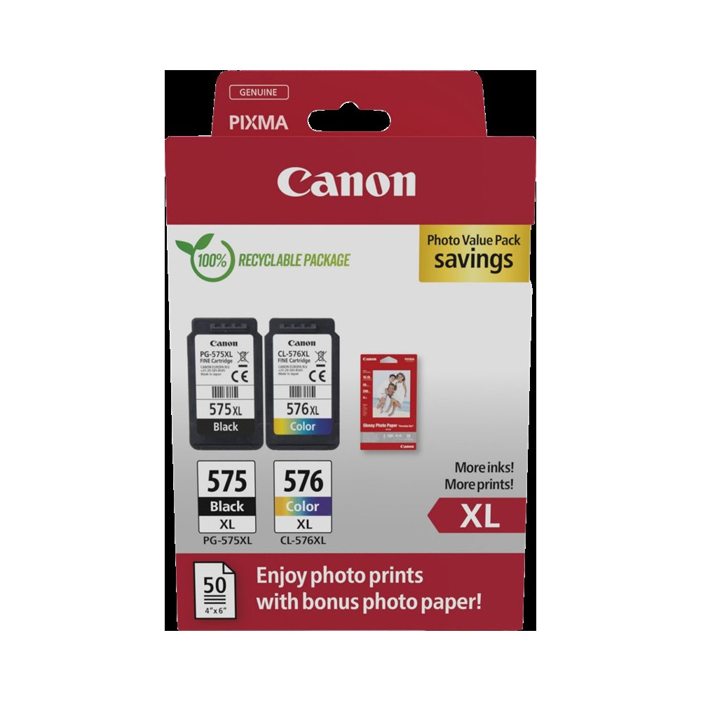 Canon PG-575XL+CL-576XL nero / differenti colori / Bianco Value Pack (+ 10x15 cm Fotopapier 50 Blatt)