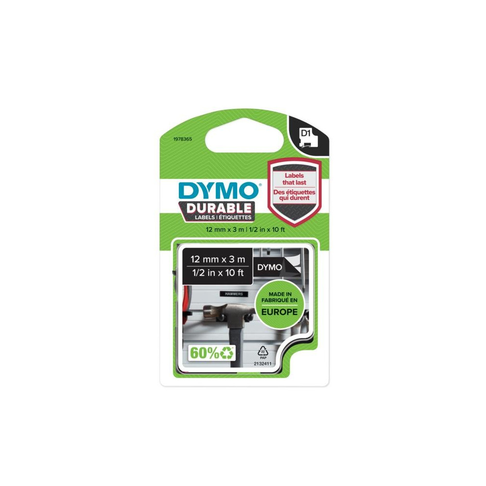 DYMO 1978365 D1 Nastro in vinile 12mm x 3m Nastro Bianco su nero