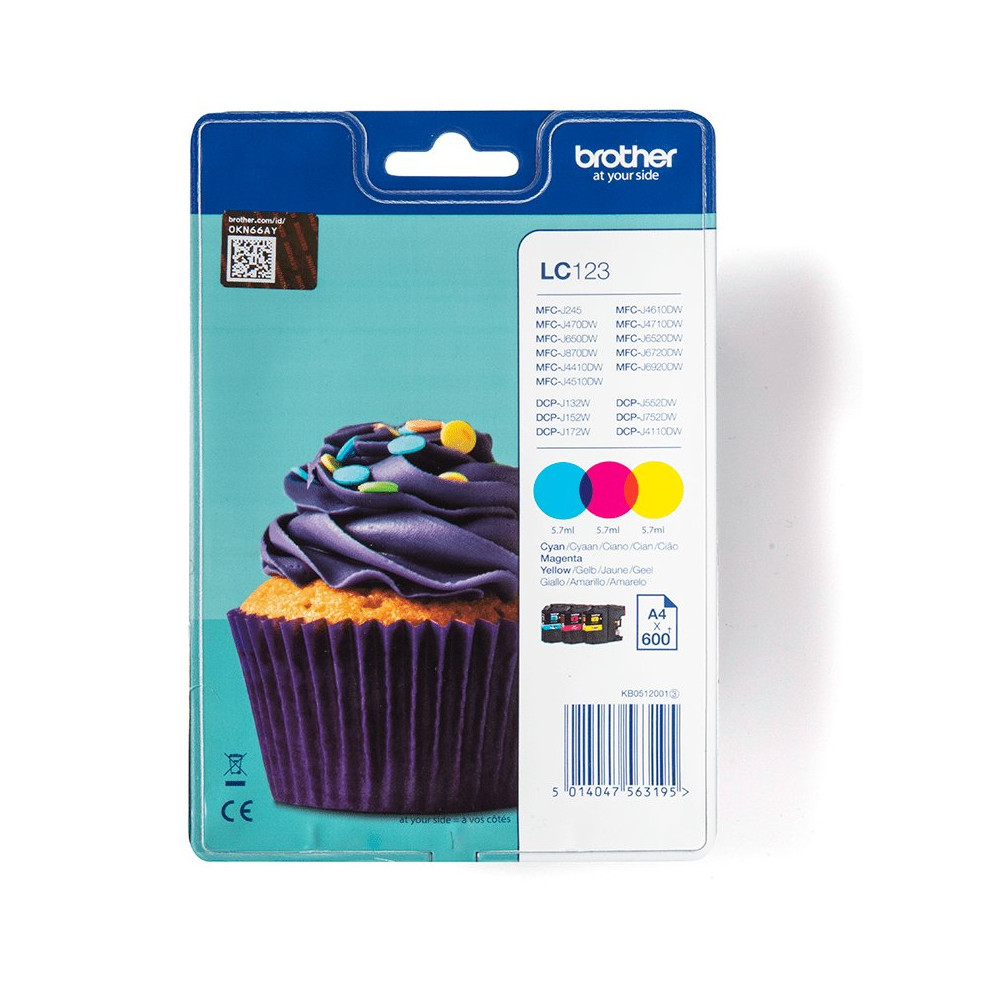 Brother LC123RBWBP cartuccia d'inchiostro 3 pz Originale Ciano, Magenta, Giallo