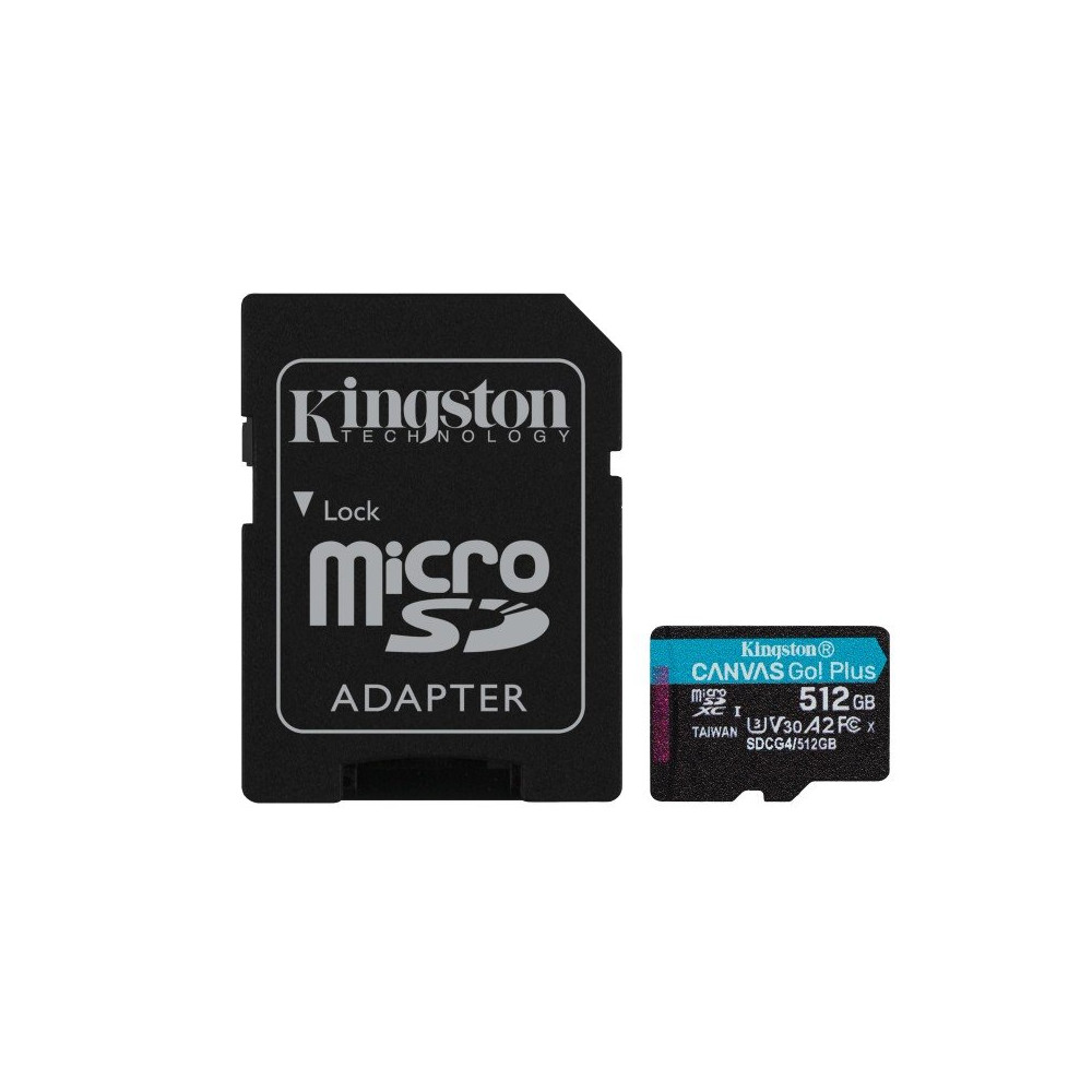 Scheda microSDXC Canvas Go Plus Kingston Technology Gen4 200MB/s A2 U3 V30 da 512 GB + adattatore