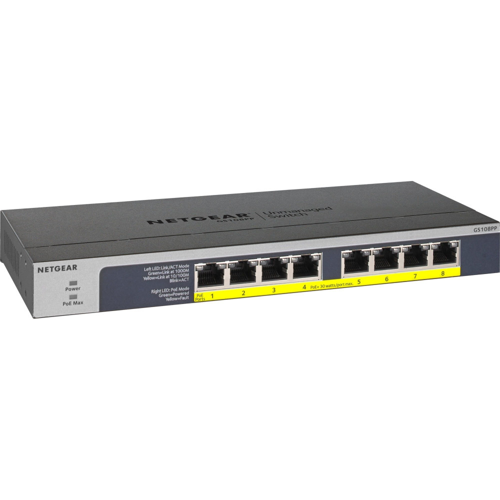 Netgear GS108PP Non gestito Gigabit Ethernet (10/100/1000) Supporto Power over Ethernet (PoE) Nero, Interruttore