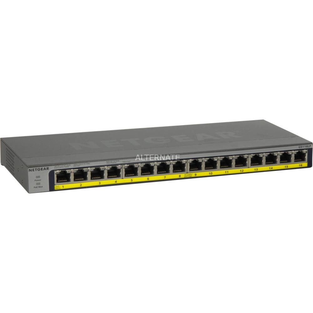 Netgear GS116LP Non gestito Gigabit Ethernet (10/100/1000) Supporto Power over Ethernet (PoE) Nero, Interruttore