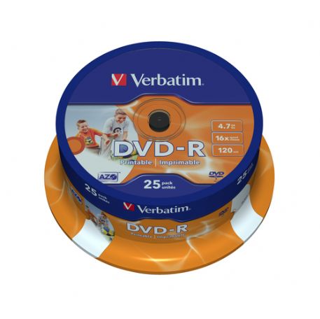 VERBATIM DVD-R 16X, 4,7GB, 25 PACK SPINDLE, WIDE INKJET PRINTABLE, 21-118 MM - 43538
