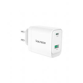 VULTECH CARICATORE ADATTATORE UNIVERSALE, 1 X TYPE-C, 1 X USB PD45 GAN PPS 45W QC3.0, BIANCO COMPATT - CC45-1C1A